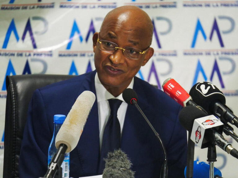 Guinea's main opposition leader Cellou Dalein Diallo, nominated by the UFDG party to challenge President Alpha Conde in the October 18 presidential election, holds a news conference in Dakar